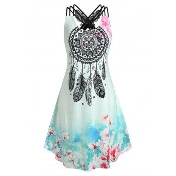 

Plus Size Floral Dreamcatcher Print Butterfly Lace Dress, Light green