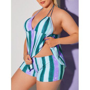 

Plus Size Low Cut Striped Open Back Tankini Swimwear, Light green