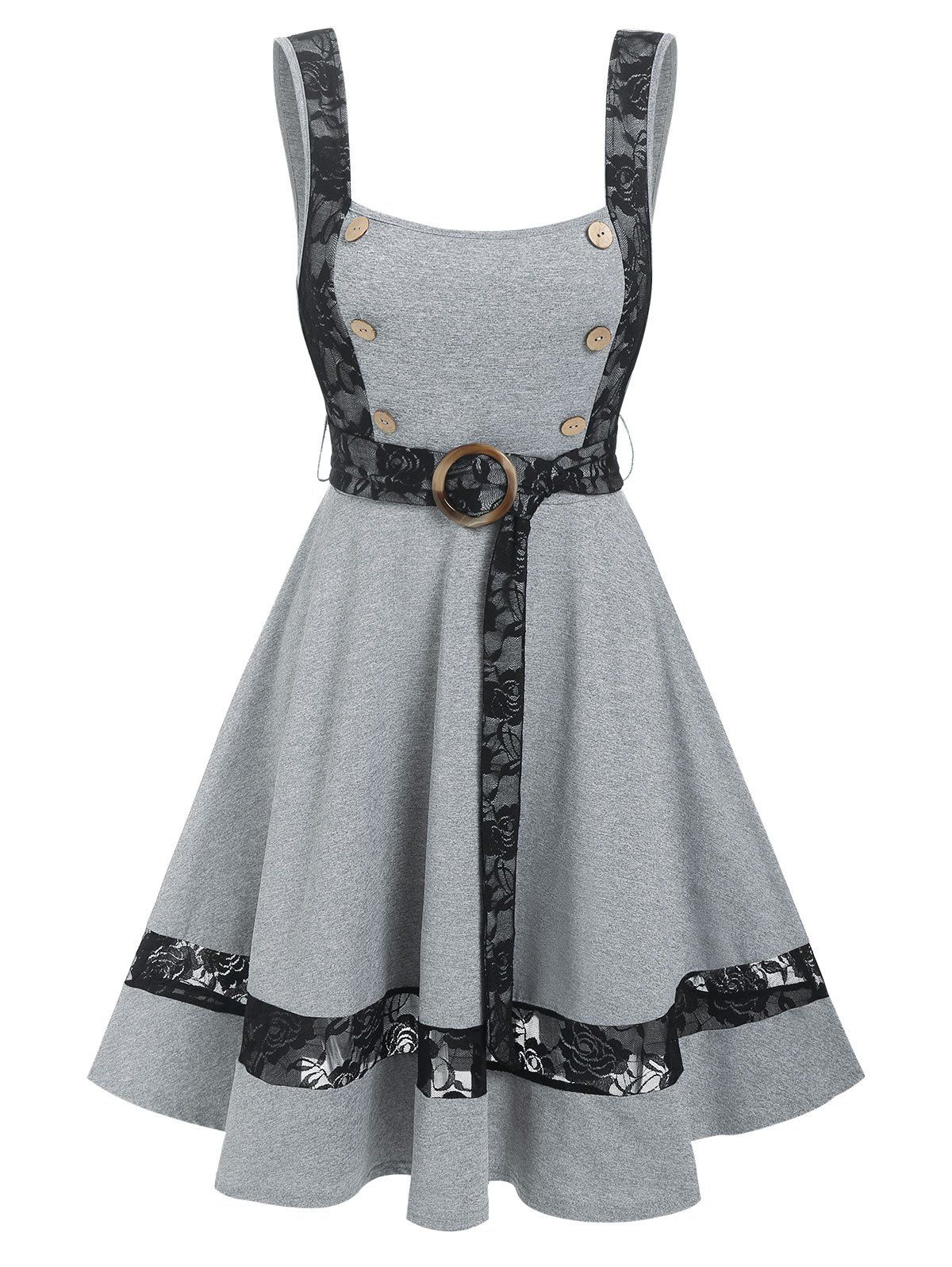 Floral Lace Insert Sailor Button Flare Summer O Ring Tank Dress - GRAY M