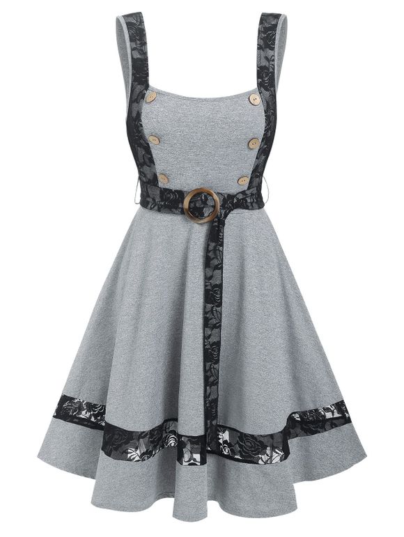 Sheer Lace Insert Sailor Button Flare Summer O Ring Tank Dress - GRAY M