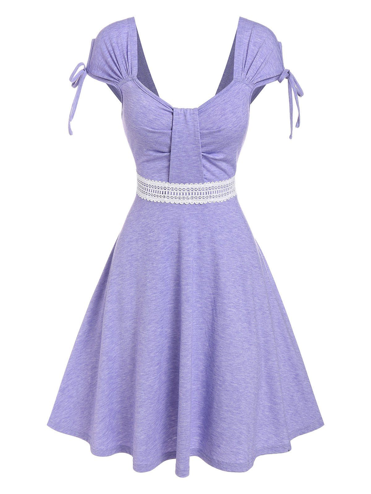 Sweety Cap Sleeve Ruched Lace Panel Tied Mini Dress - LIGHT PURPLE XXL