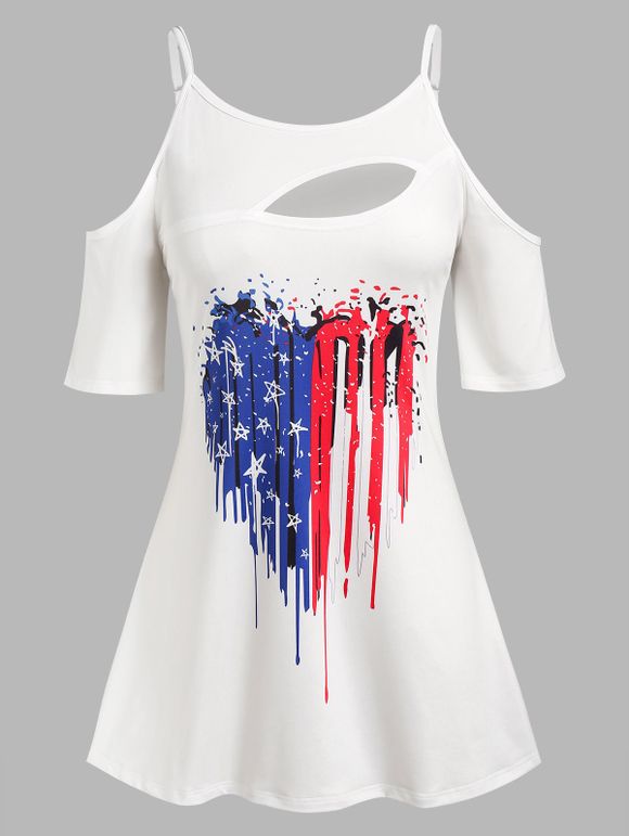 T-shirt à Imprimé Drapeau Américain Découpé à Epaule Dénudée de Grande Taille - Blanc L