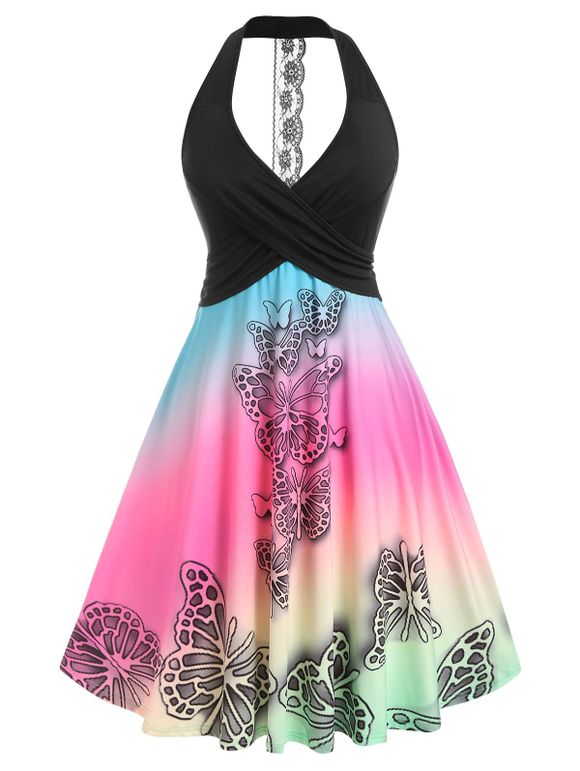 Robe Croisée à Imprimé Papillon de Grande Taille - Noir 2X
