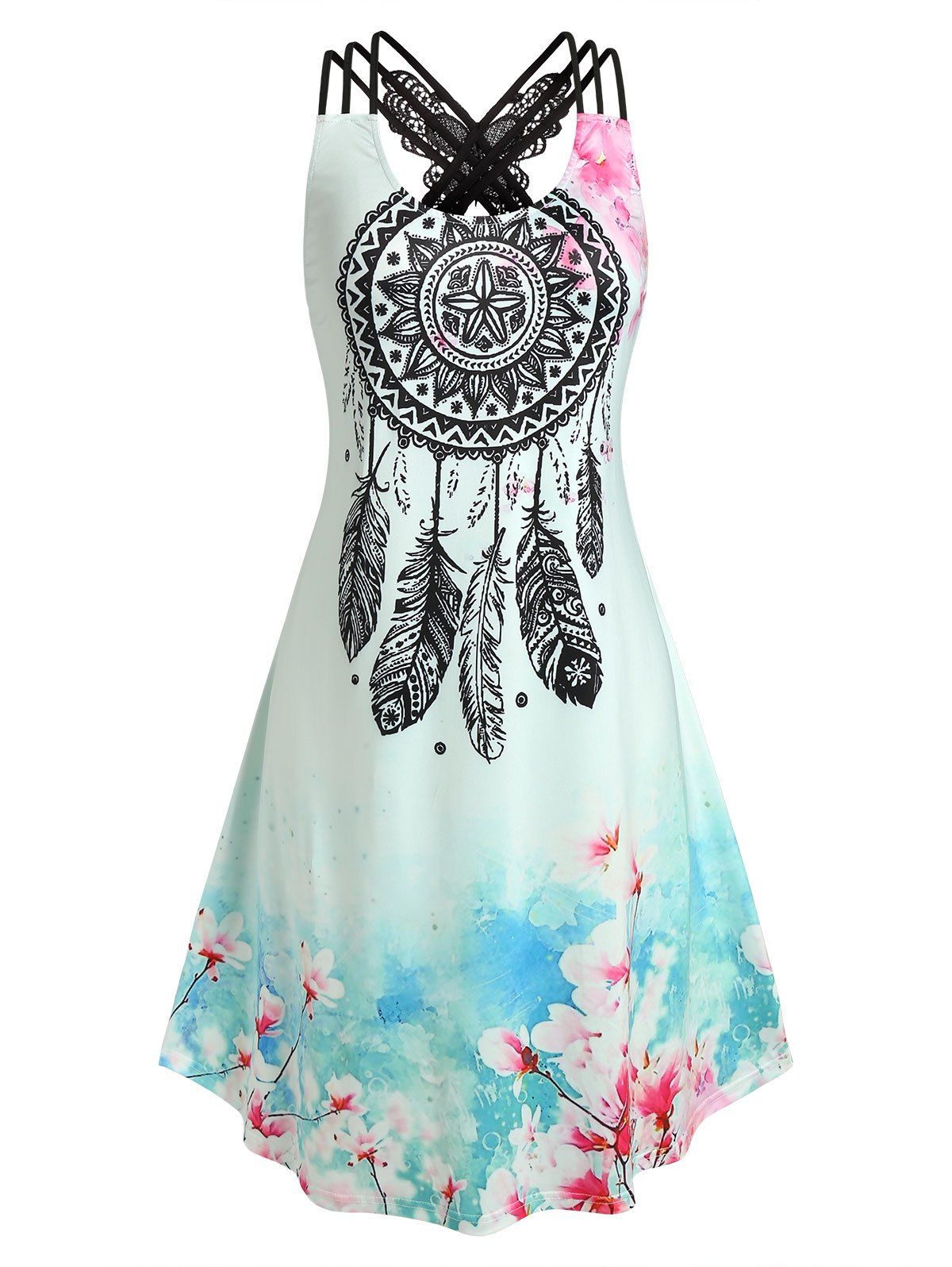 Plus Size Floral Dreamcatcher Print Butterfly Lace Dress - LIGHT GREEN 2X