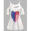 T-shirt à Imprimé Drapeau Américain Découpé à Epaule Dénudée de Grande Taille - Blanc 2X