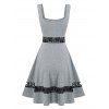 Sheer Lace Insert Sailor Button Flare Summer O Ring Tank Dress - GRAY M