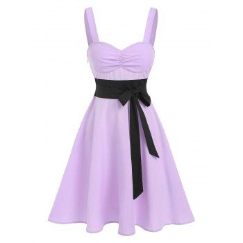 

Two Tone Bowknot Ruched Flare Dress, Light purple