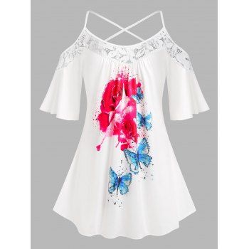 

Plus Size Cold Shoulder Floral Butterfly Print Tee, White