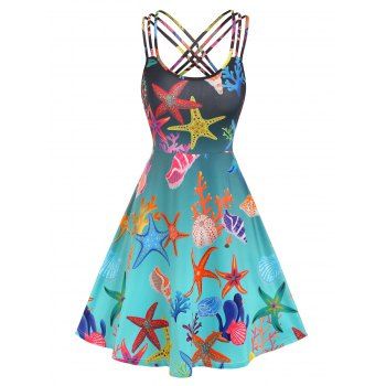 

Strappy Crisscross Marine Life Print Mini Dress, Light blue