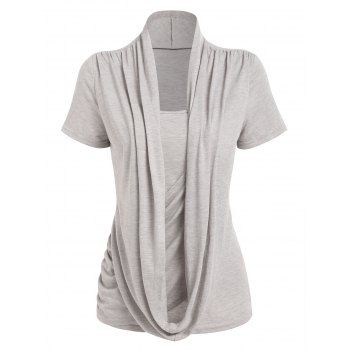 

Short Sleeve Draped Overlap Ruched 2 In 1 T-shirt, Light gray