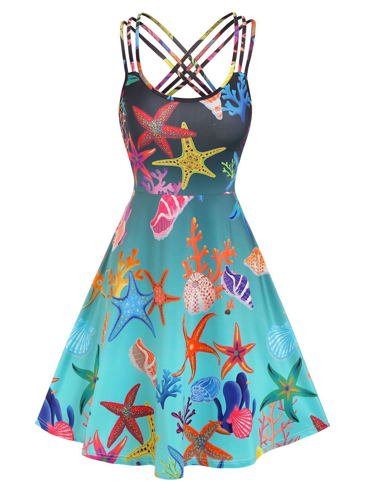 Vacation Dress Marine Life Print Beach Mini Dress Crisscross Strappy A Line Sundress - LIGHT BLUE XXL