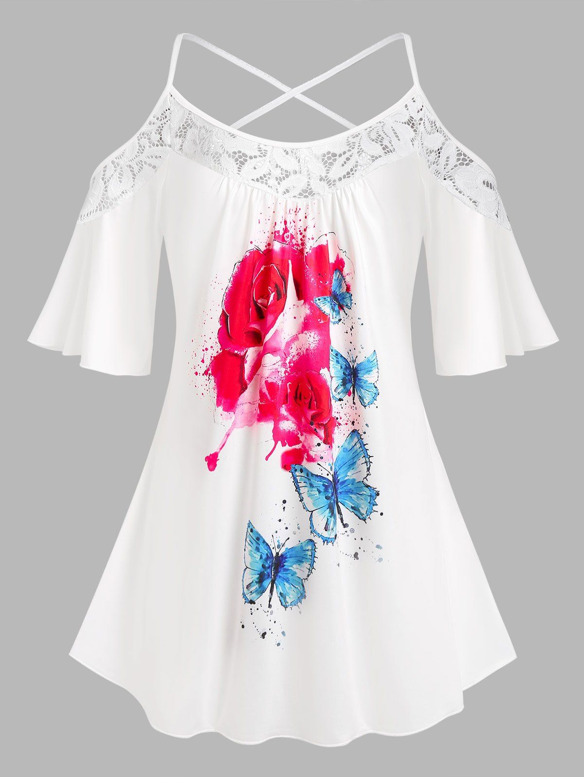 T-shirt à Imprimé Papillon Fleuri à Epaule Dénudée de Grande Taille - Blanc 4X