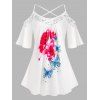 T-shirt à Imprimé Papillon Fleuri à Epaule Dénudée de Grande Taille - Blanc 1X