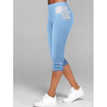 

Lace Insert Button Tab Capri Leggings, Light blue