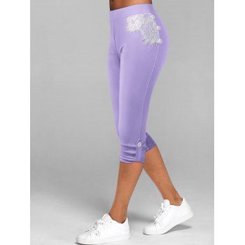 

Lace Insert Button Tab Capri Leggings, Light purple