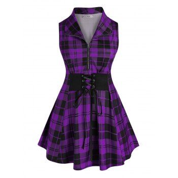 

Plus Size Plaid Half Zip Lace-up Sleeveless Blouse, Purple