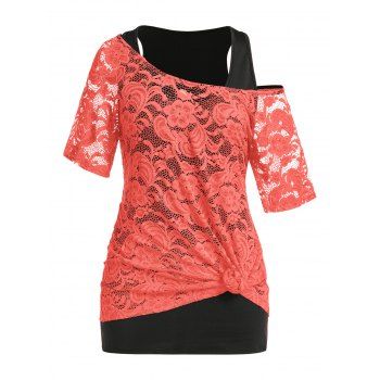 

Plus Size Lace Sheer Knot T-shirt and Tank Top Set, Orange