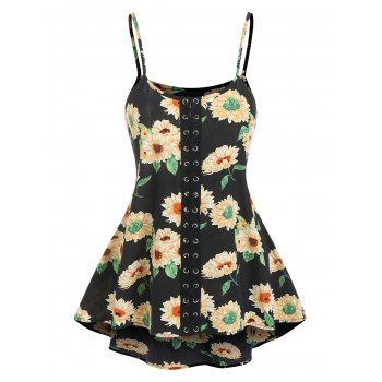 

Floral Front Lace Up Cami Tank Top, Black