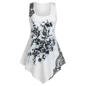 

Plus Size Asymmetrical Flower Print Tunic Tank Top, White