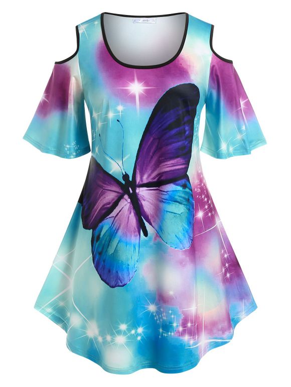 T-shirt Trapèze à Imprimé Papillon à Épaules Nues Grande Taille - multicolor 5X