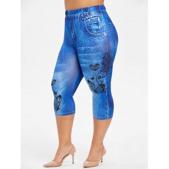 

Plus Size Butterfly 3D Jean Print Leggings, Blue