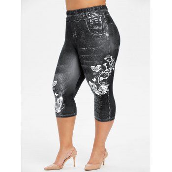 

Plus Size Butterfly 3D Jean Print Leggings, Black