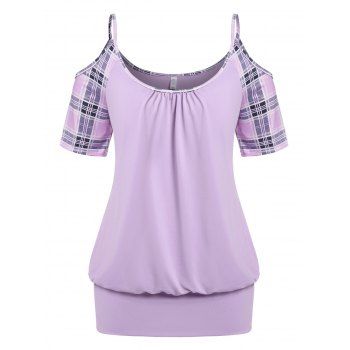 

Plus Size Plaid Open Shoulder Blouson T-shirt, Light purple