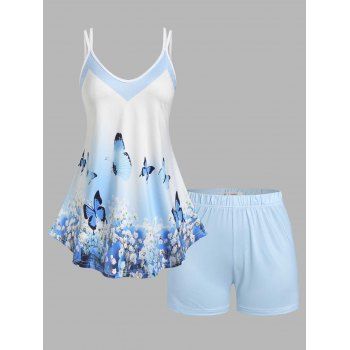 

Plus Size Butterfly Floral Print Shorts Pajamas Set, Light blue