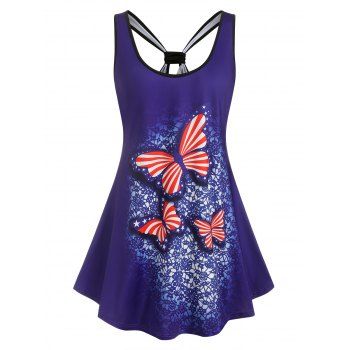 

Plus Size Butterfly Print Patriotic Tank Top, Deep blue