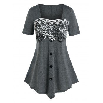 

Plus Size Floral Embroidery Applique T Shirt, Gray