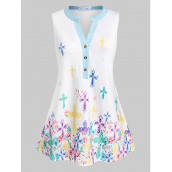 

Plus Size Flower Print Half Placket Sleeveless Top, White