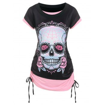 

Skull Flowers Print Cinched Contrast Faux Twinset T-shirt, Light pink