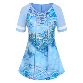 

Flower Butterfly Jewelry Print Lace-up Raglan Sleeve T-shirt, Light blue