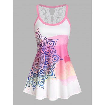 

Tie Dye Bohemian Flower Print Lace Insert Tank Top, Light pink