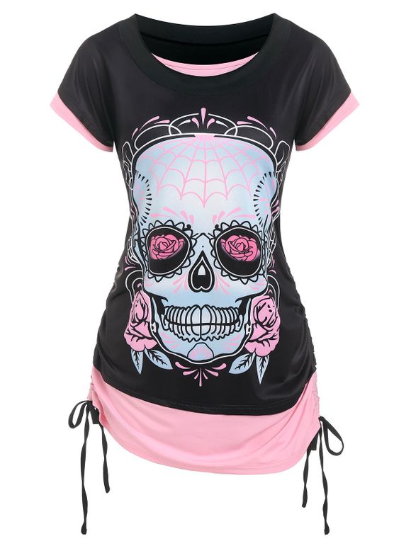 T-shirt Contrasté à Imprimé Fleur Crâne Fausse Deux Pièces - Rose clair XXL