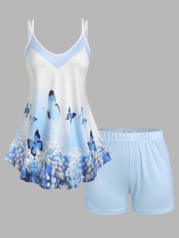 Ensemble de Pyjama Short à Imprimé Papillons et Fleurs Grande-Taille - Bleu clair 5X