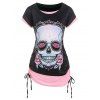 T-shirt Contrasté à Imprimé Fleur Crâne Fausse Deux Pièces - Rose clair L