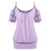 T-shirt Blouson à Carreaux à Epaule Ouverte de Grande Taille - Violet clair 5X