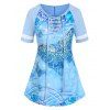 T-shirt à Imprimé Fleur Papillon à Manches Raglan à Lacets - Bleu clair XXL