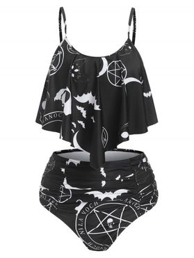 Gothic Tummy Control Swimsuit Crescent Star Bat Print Ruched Tankini Swimwear