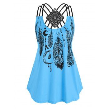 

Plus Size Feather Print Strappy Tank Top, Deep blue