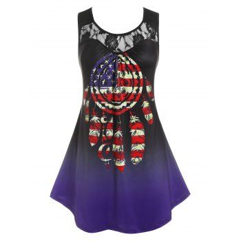 

Plus Size American Flag Print Lace Panel Tank Top, Deep blue