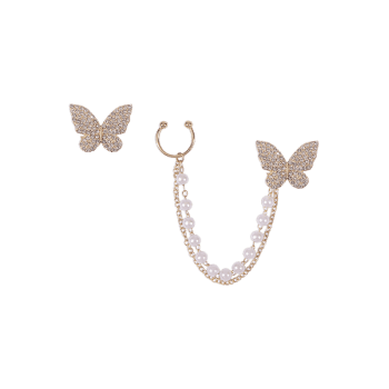 Butterfly Diamante Asymmetric Faux Pearl Chain Ear Cuffs