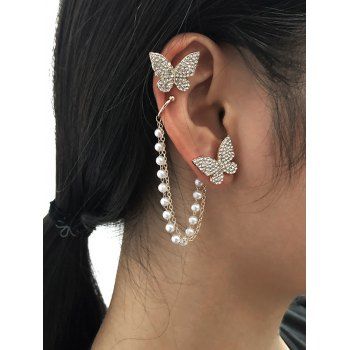 

Butterfly Diamante Asymmetric Faux Pearl Chain Ear Cuffs, Golden