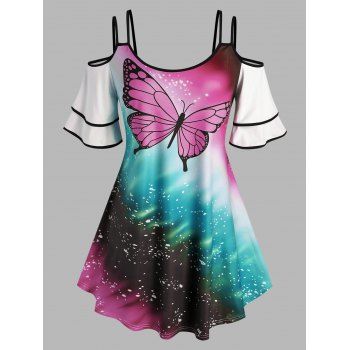 

Plus Size Cold Shoulder Butterfly Print Tee, Light pink