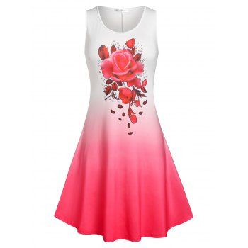 

Plus Size Rose Print Ombre Color Sundress, Red