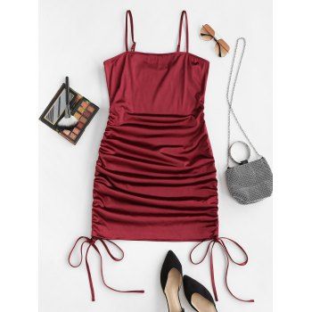 

Plus Size Sheeny Cinched Ruched Slinky Bodycon Dress, Deep red