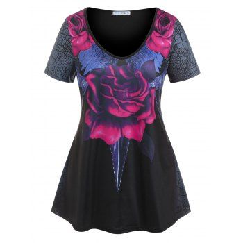 

Plus Size Flower Printed Casual T Shirt, Black