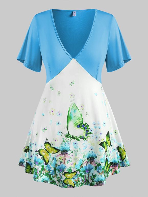 T-shirt Plongeant à Papillon Floral à Manches Courtes Grande Taille - Bleu clair L