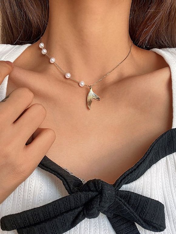 Collier Queue de Poisson Asymétrique avec Fausse Perle - d'or 
